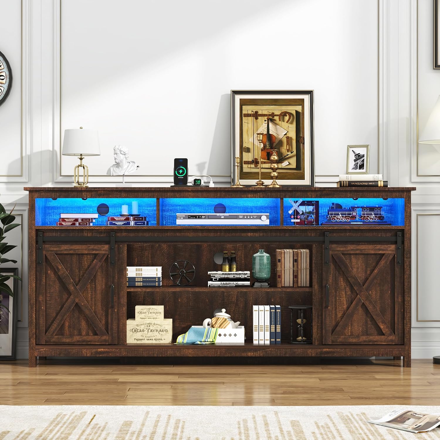 LED Farmhouse TV Stand for 80/75 inch TVs, Rustic Entertainment Center Cabinet with Power Outlets, Brown