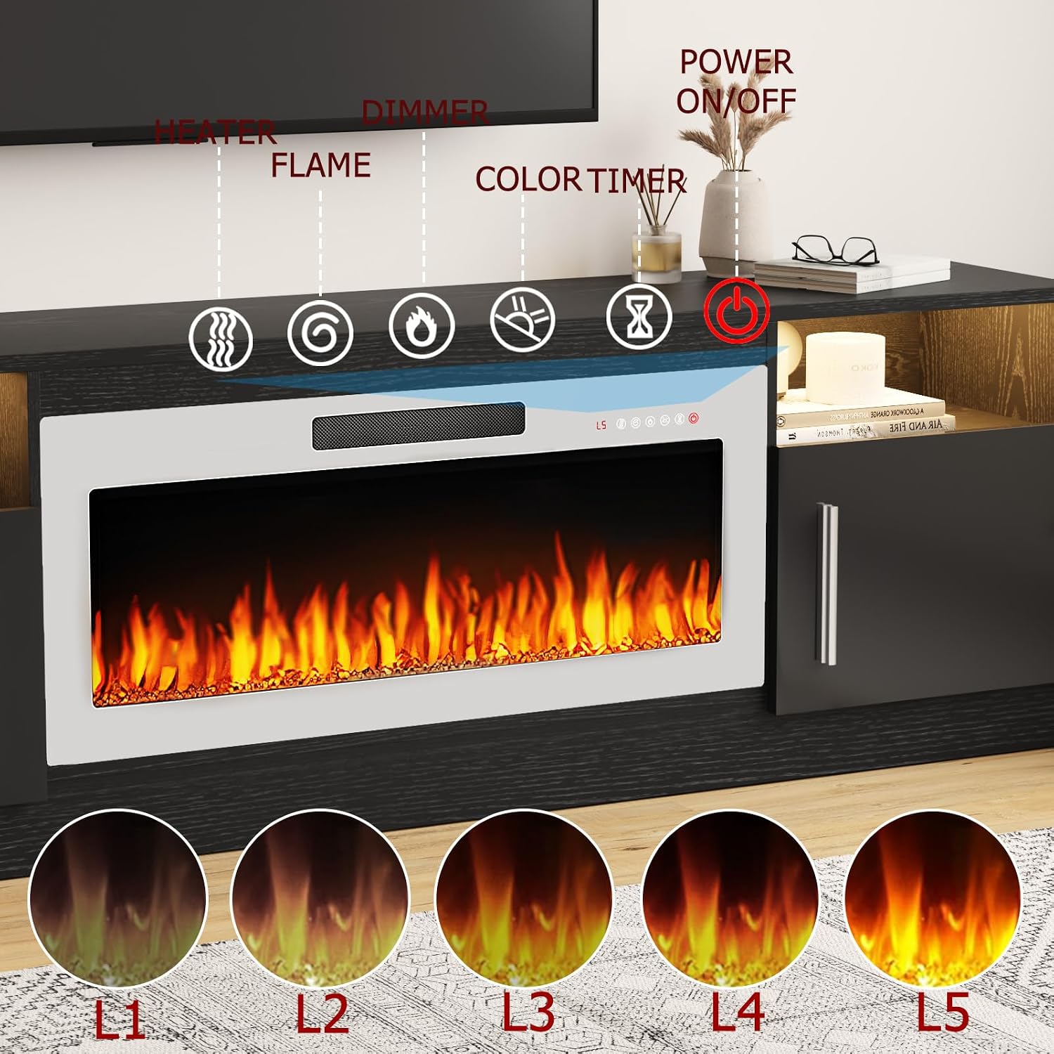 TAVATA 70' Fireplace TV Stand, Modern LED Light Entertainment Center with Storage and 36' Fireplace, Media TV Console for TVs Up to 80', Fire Place TV Stands for Living Room, Black+White