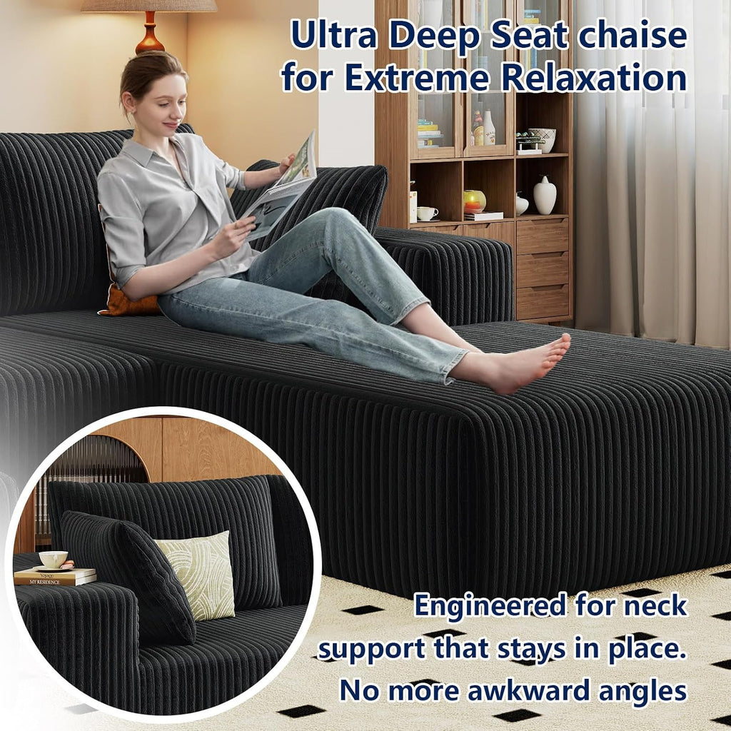 96' Modular Sectional Sofa, Modern Corduroy Cloud Couch with Deep Seat, Boneless Couch Upholstered 3-Seater L-Shaped Sofa for Living Room, No Assembly Required (Black, Right-Facing Chaise)