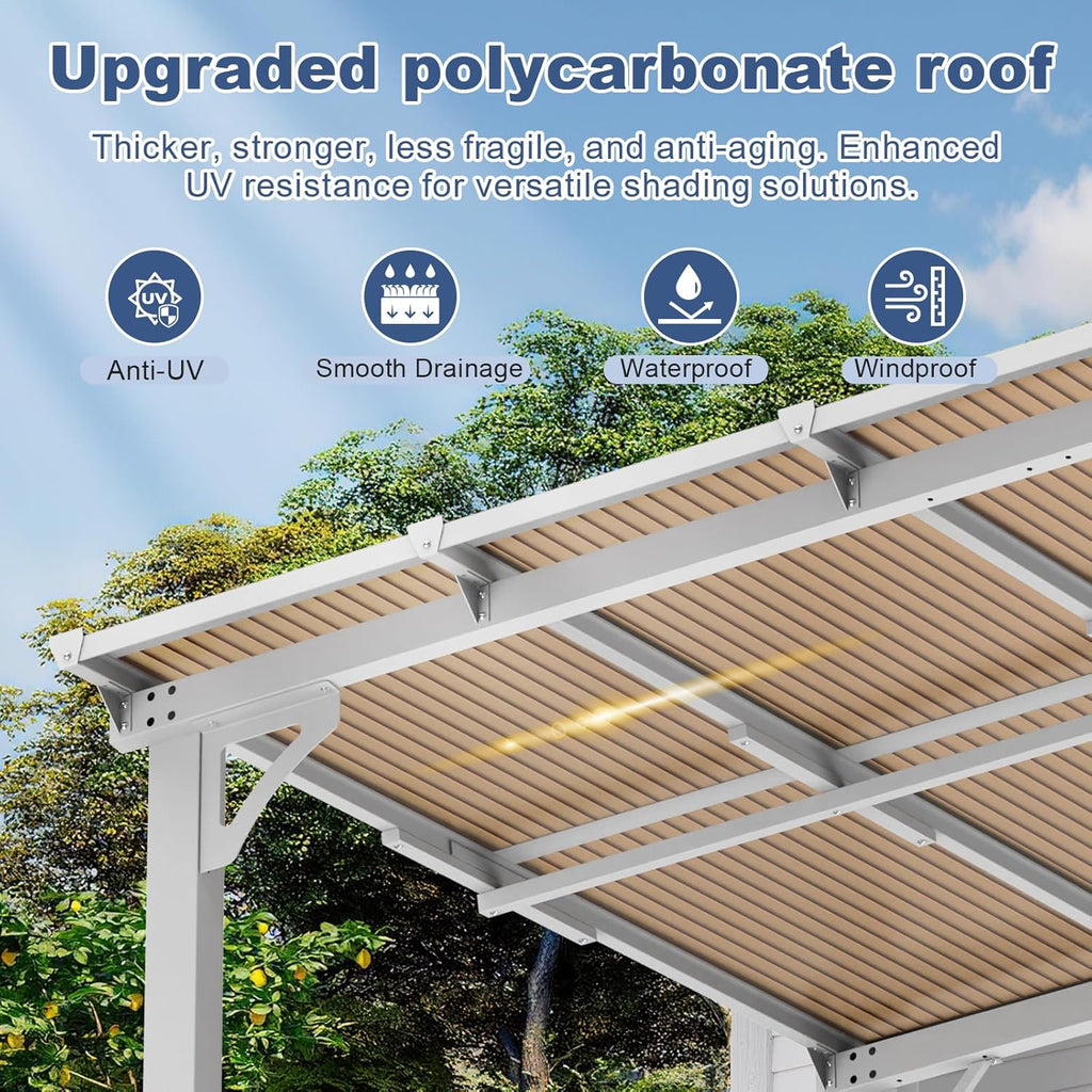 MEISSALIVVE 8' x 12' Wall Mounted Lean to Metal Awnings with Sloped Roof, Outdoor Patio Gazebo Awning for Backyard, Deck, White