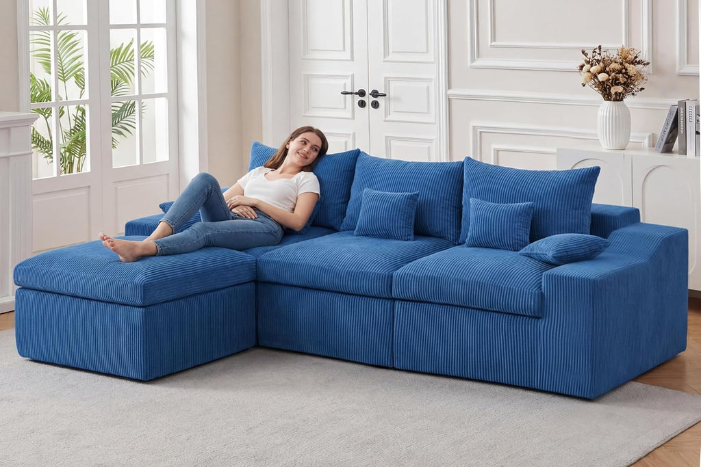 HABUTWAY 104' L Shaped Cloud Sectional Couch, Boneless Modular Sectional Sofa with Deep Seat, Corduroy Couches for Living Room, Modular Couch, No Assembly Required (Blue)