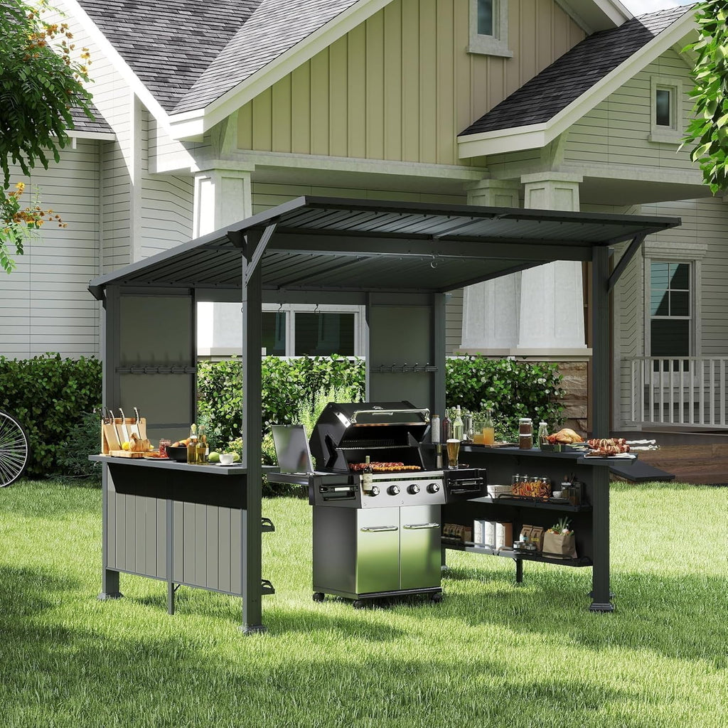 GOWE 9X10FT Hardtop Grill Gazebo, Lean to Outdoor BBQ Gazebo with Storage Shelves and Expansion Platform, Galvanized Steel Permanent Hard top Grill Canopy for Patio Backyard Lawn Garden -Grey