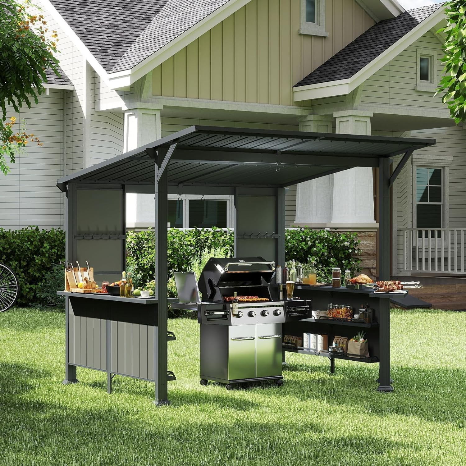 GOWE 9X10FT Hardtop Grill Gazebo, Lean to Outdoor BBQ Gazebo with Storage Shelves and Expansion Platform, Galvanized Steel Permanent Hard top Grill Canopy for Patio Backyard Lawn Garden -Grey
