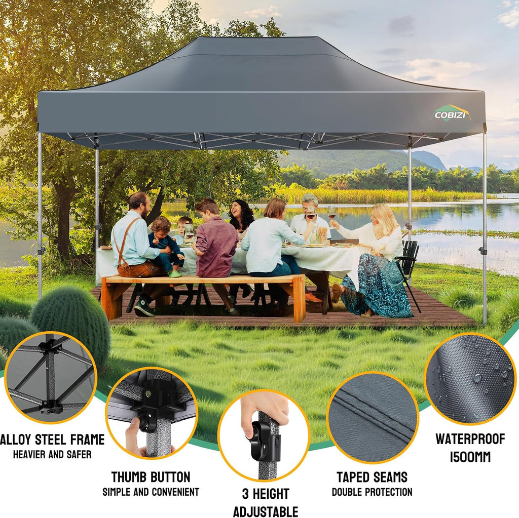 COBIZI 10x15 Heavy Duty Pop Up Canopy Tent with 4 Sidewalls Thicken Frame, Commercial Easy Up Outdoor Wedding Party Tents, All Season Waterproof Windproof with Stakes Sandbags Ropes Bag, Gray