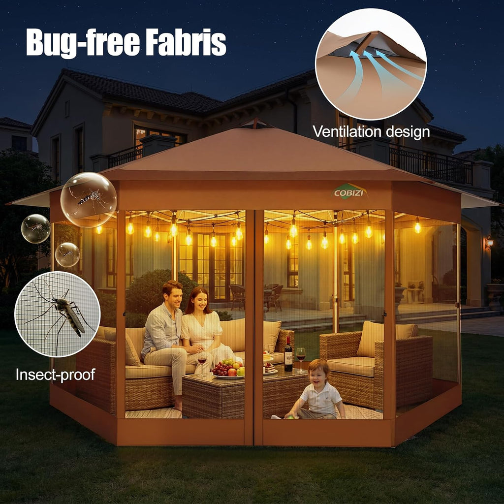 COBIZI 14x14 Pop Up Gazebo Tent with Mosquito Netting, Gazebos on Clearance, Hexagonal Outdoor Canopy Shelter, Patented Center Lock 6-Sided Portable Gazebos, Pop Up Canopy Tent for Backyard, Brown