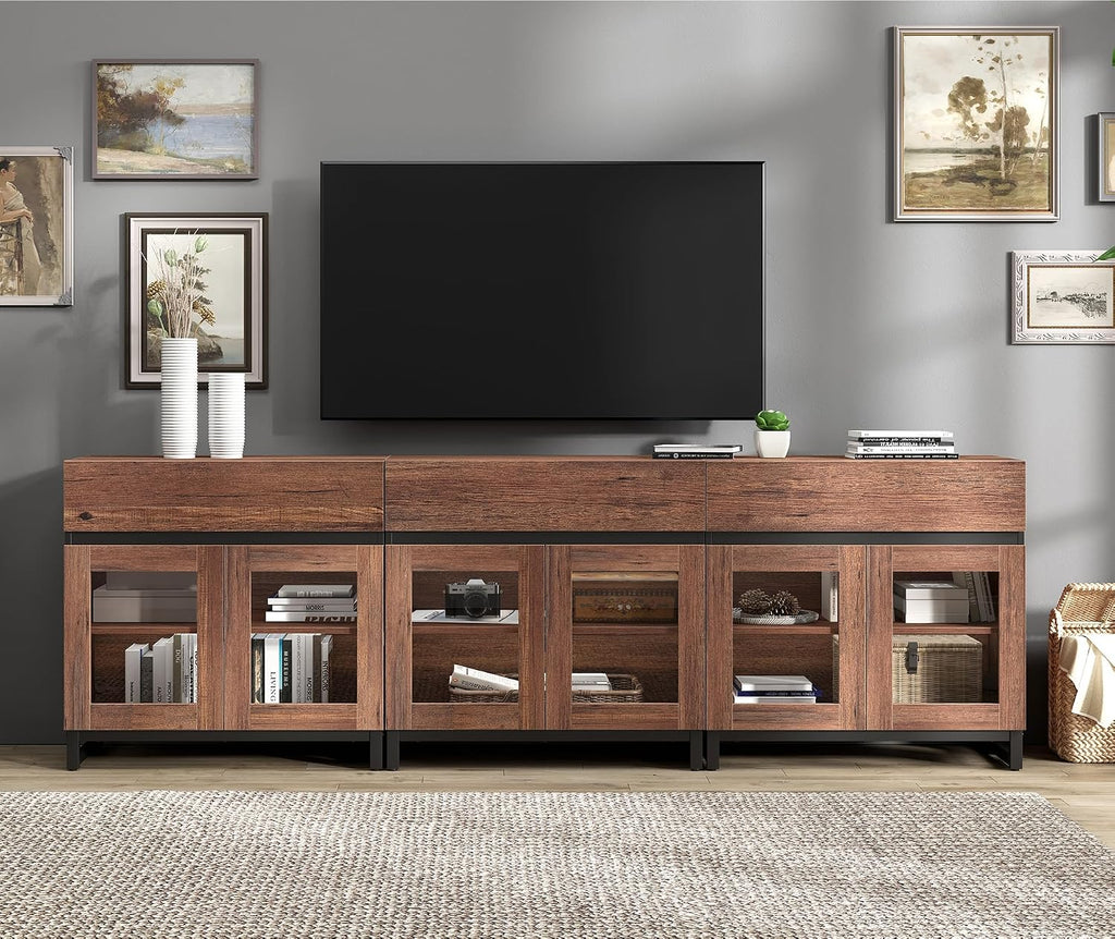 WAMPAT Modern TV Stand with Glass Doors for 70-100 inch TVs, 3 in 1 Entertainment Center Console with 3 Drawers and Metal Base for Living Room, Bedroom, Brown