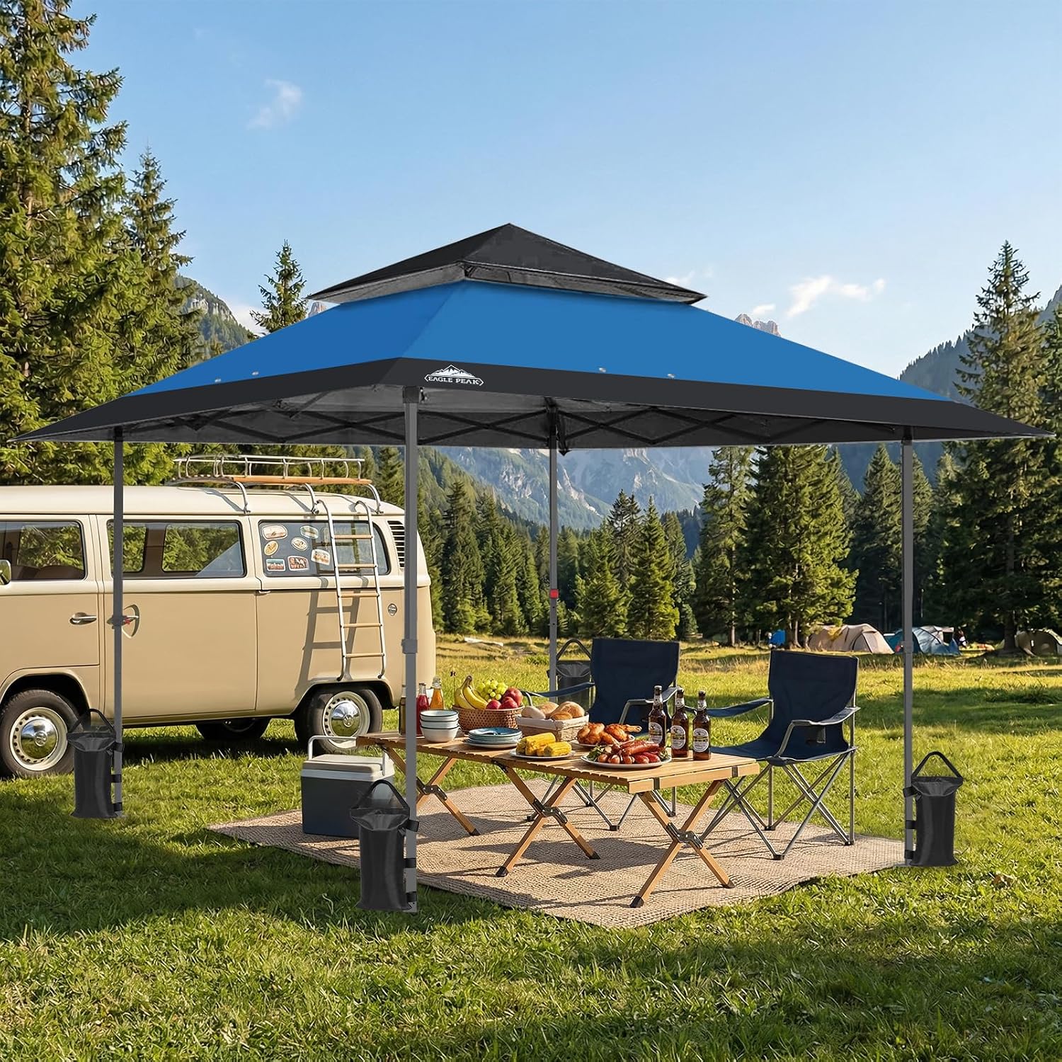 EAGLE PEAK 13x13 Straight Leg Pop Up Canopy Tent Instant Outdoor Canopy Easy Single Person Set up Folding Shelter w/Auto Extending Eaves 169 Square Feet of Shade (Blue/Black)