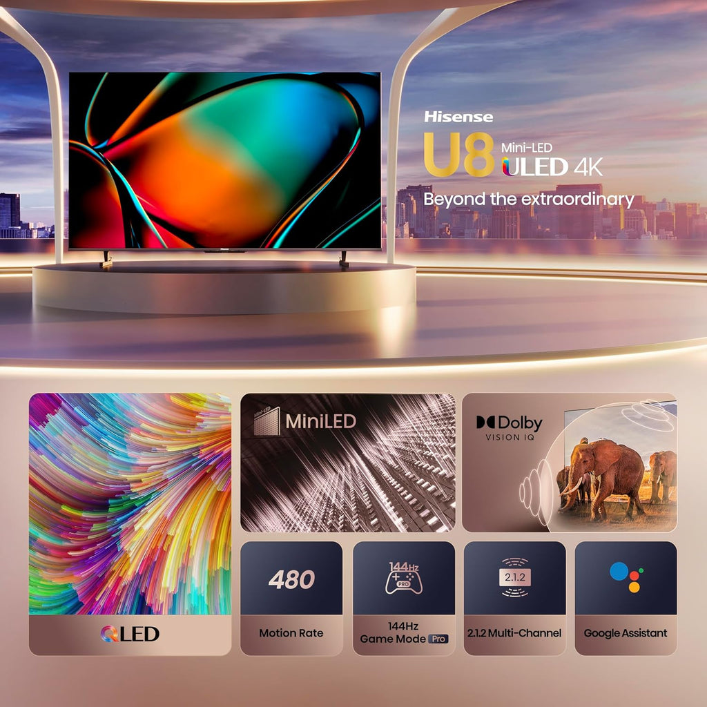 Hisense 100-Inch Class U8 Series Mini-LED ULED 4K UHD Google Smart TV (100U8K) - QLED, 480 Motion Rate, 144Hz Game Mode Pro, Dolby Vision IQ, HDMI 2.1, Alexa Compatibility, 2.1.2 Multi-Channel Audio