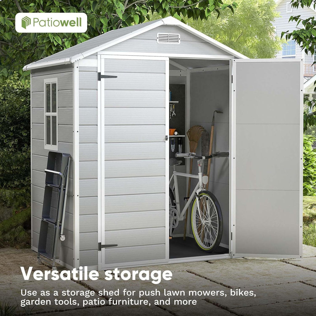 Patiowell 6x4 FT Resin Outdoor Storage Shed with Floor, Plastic Storage Shed with Lockable Door, Outside Shed Perfect to Store Patio Furniture, GardenTools Bike Accessories, Lawn Mower, Light Gray