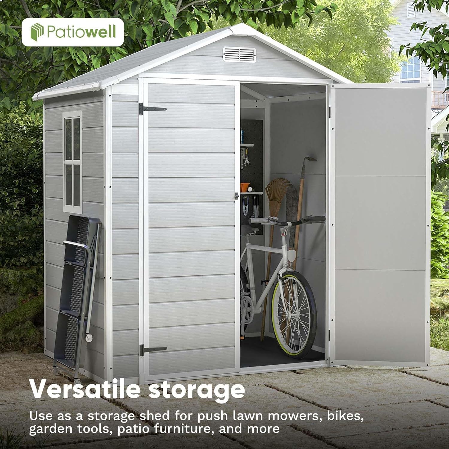 Patiowell 6x4 FT Resin Outdoor Storage Shed with Floor, Plastic Storage Shed with Lockable Door, Outside Shed Perfect to Store Patio Furniture, GardenTools Bike Accessories, Lawn Mower, Light Gray