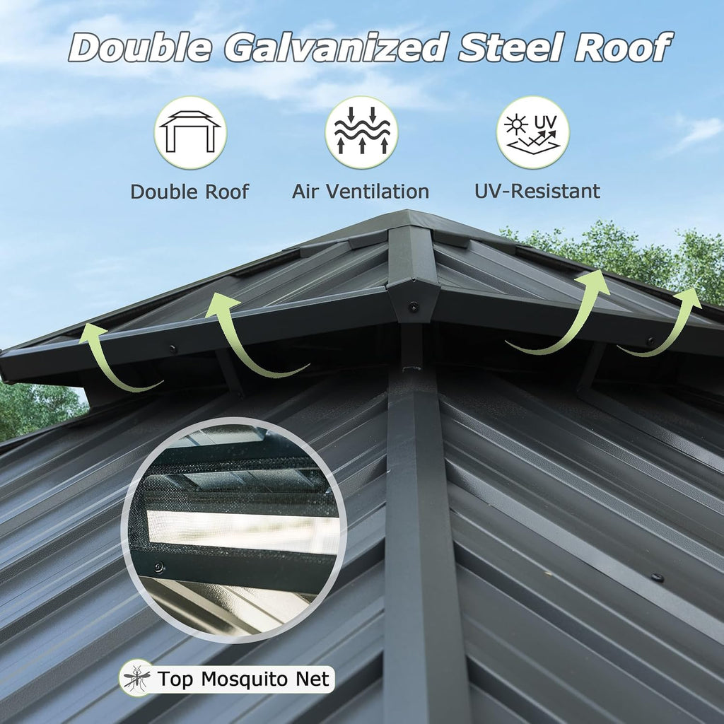 Domi Hardtop Gazebos 10x10FT, Aluminum Metal Gazebo with Galvanized Steel Double Roof Canopy, Curtain and Netting, Permanent Gazebo Pavilion for Patio, Backyard, Deck and Lawn, Grey