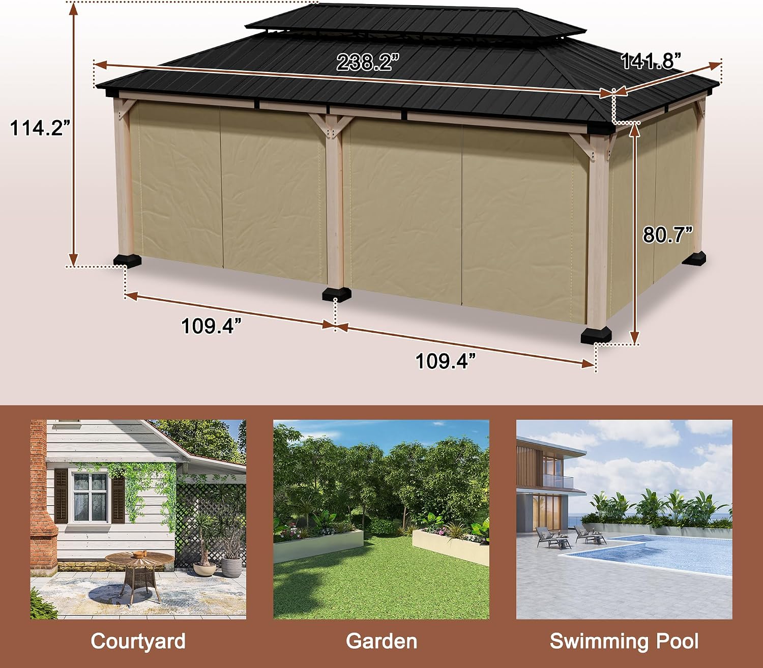 Cedar Wood Gazebo 12x20Ft Hardtop Gazebo with Curtains & Netting, Outdoor Permanent Gazebo Pergola with Galvanized Steel Double Roof Pavilion for Patio Lawn Garden