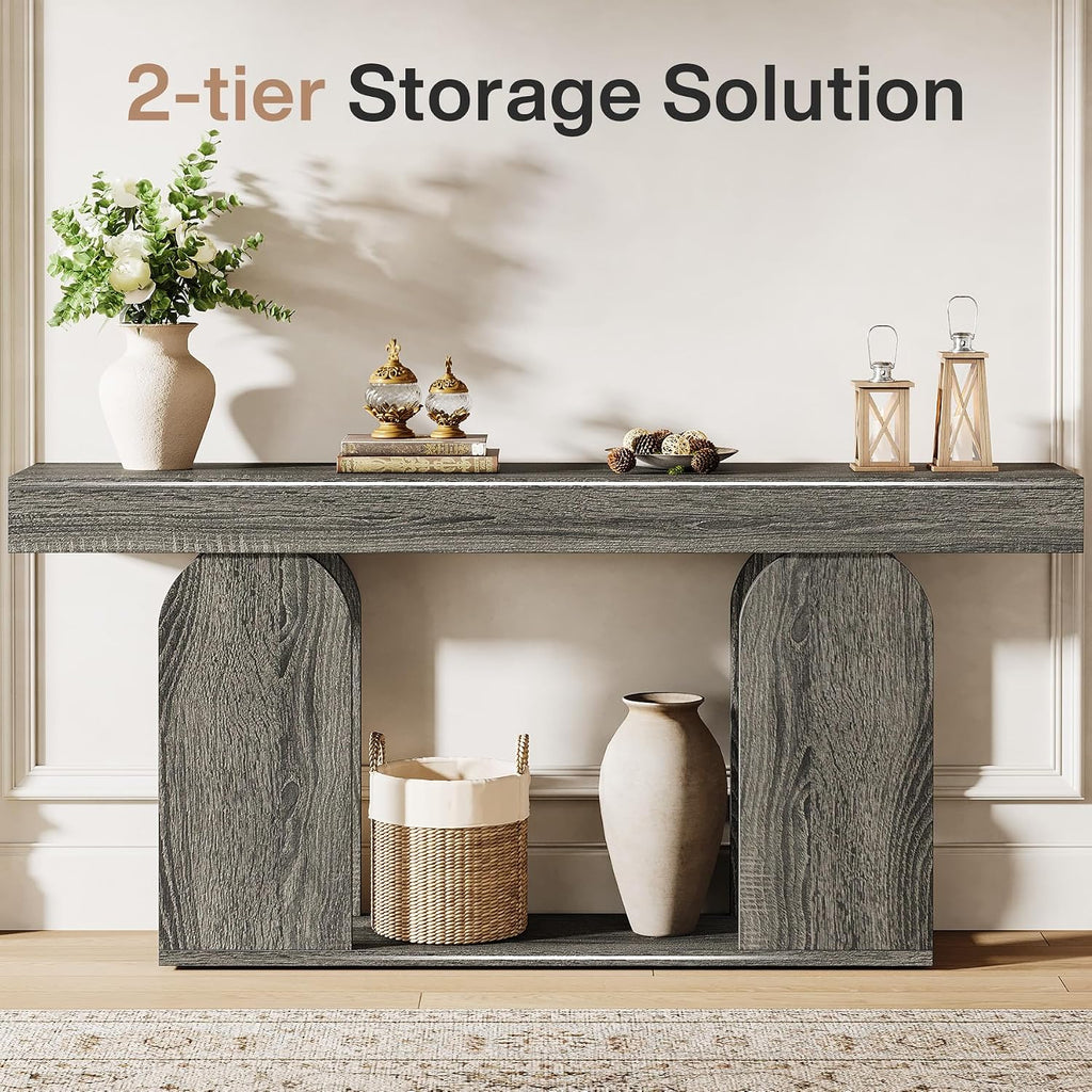 Tribesigns 70.9-Inch Extra Long Sofa Table, Farmhouse Console Tables with Wood Frame and Storage Shelf, 2-Tier Wood Table Behind Couch for Living Room, Hallway, Foyer, Light Brown (Dark Gray)