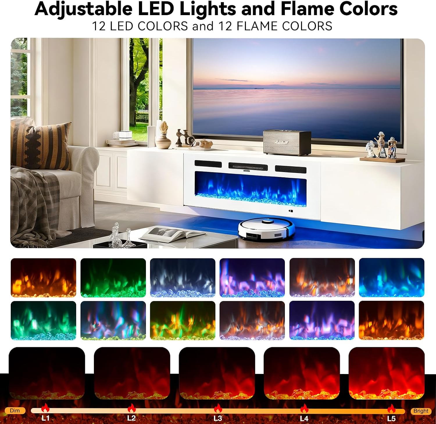 70'' Floating TV Stand with 36' Electric Fireplace, Wall Mounted Entertainment Center with Storage for TVs up to 80', Adjustable 12-Color LED Lights Media TV Console for Living Room,All White