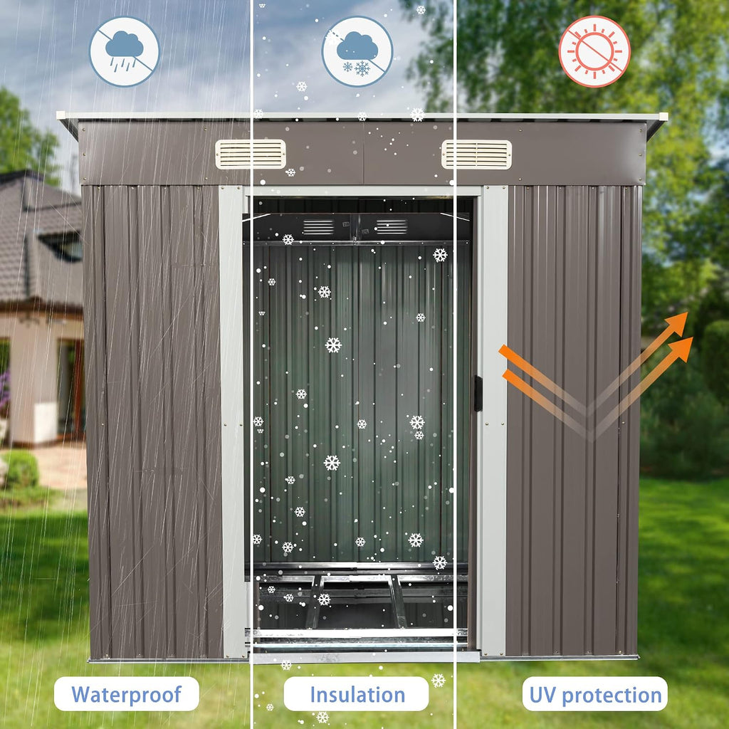 YOPTO 6×4 FT Outdoor Metal Storage Shed with Integrated Punched Vents,Heavy Duty Storage House W/Padlock and Sliding Doors,Large Waterproof Outdoor Tools Sheds for Garden,Backyard,Patio,Grey