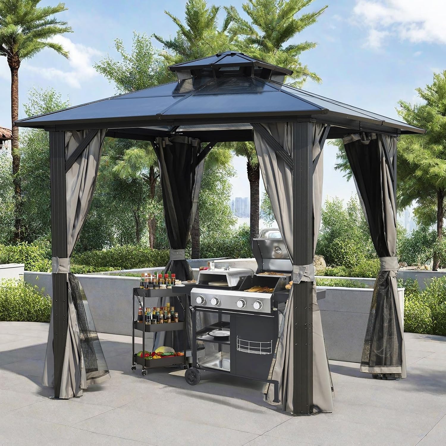 ENDARK 8'x8' Double Roof BBQ Gazebo with Polycarbonate Top, Aluminum Frame, Galvanized Steel, and Double Layer Curtains for Patio and Backyard