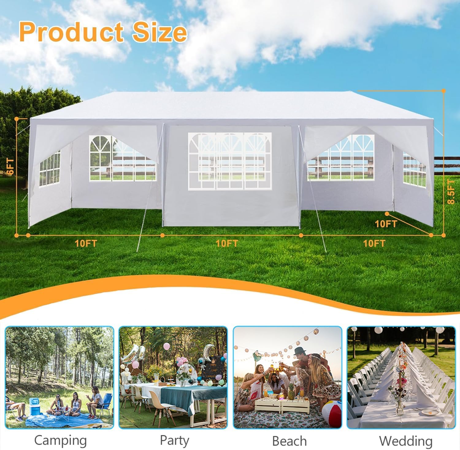 Outdoor Gazebo Canopy Wedding Party Tent Camping Shelter Commercial Instant Shelter Waterproof Tent with Removable Side Walls (10'x30' Seven Sides)