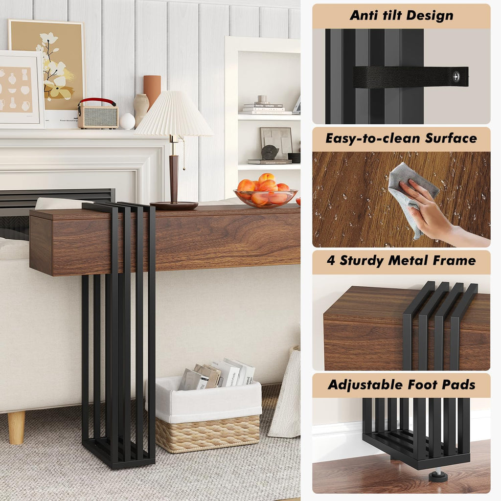 knoworld 63 Inch Long Console Table, Extra Thick Industrial Sofa Table Behind The Couch Rectangular Entryway Table for Entrance Hallway Living Room, Entire top Board & 4-Pipe Legs, Rustic Brown