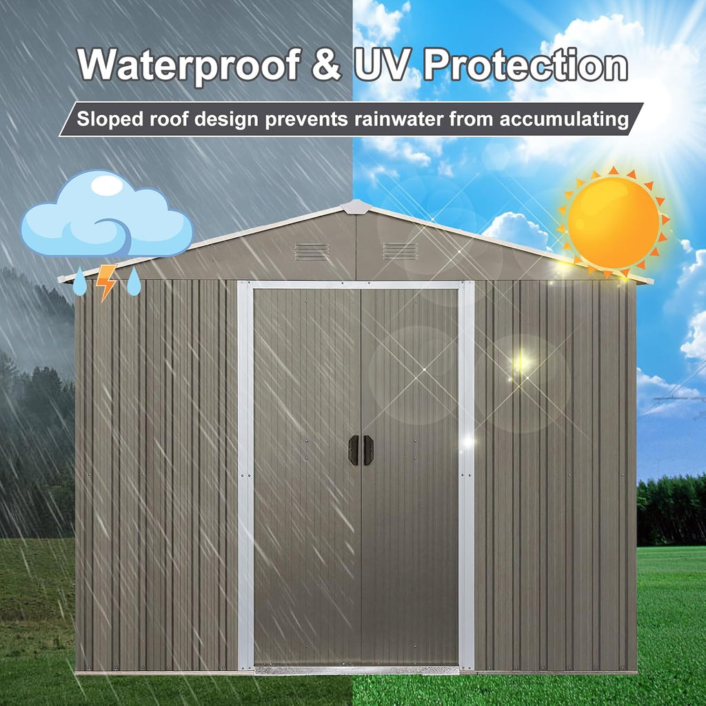 8x10 ft Outdoor Metal Storage Shed with Floor Frame, Lockable Galvanized Steel Tool Shed with Sliding Door and Air Vent, Waterproof Garden Storage House for Backyard, Patio