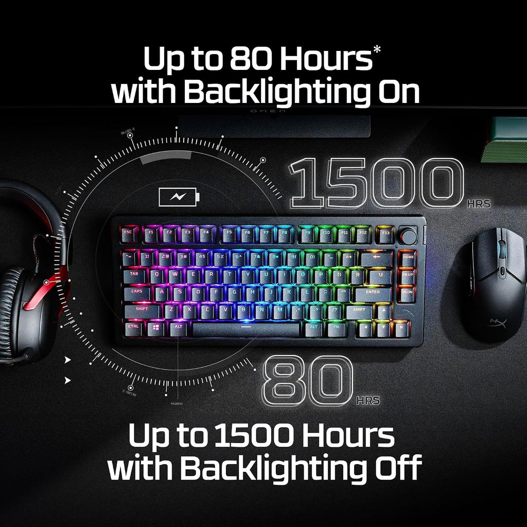 HyperX Alloy Rise 75 Wireless – Hot-Swappable 75% Mechanical Gaming Keyboard, PC, Up to 80 Hours Backlighting On, Dual Wireless 2.4GHz & Bluetooth