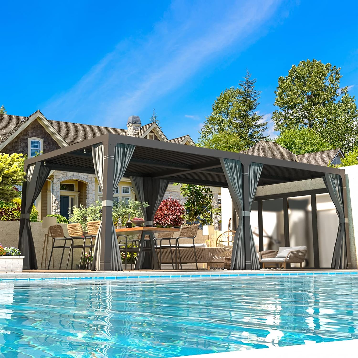 EROMMY 10x20FT Louvered Pergola Outdoor Sun Shade Shelter with Aluminum Frame and Adjustable Metal Rainproof Roof for Garden & Patio, Curtains and Netting Included, Gray-Black