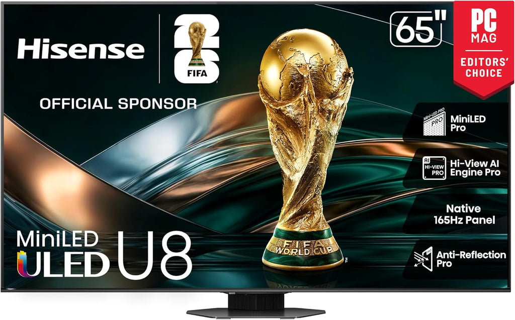 Hisense 65' Class U8 Mini-LED ULED 4K UHD Google Smart TV (65U8QG, 2025 Model) - QLED, Native 165Hz, VRR 288, Up to LD5600, 5000 Nits, HDR10+, Dolby Vision IQ · Atmos, IMAX Enhanced, 4.1.2 Ch Audio