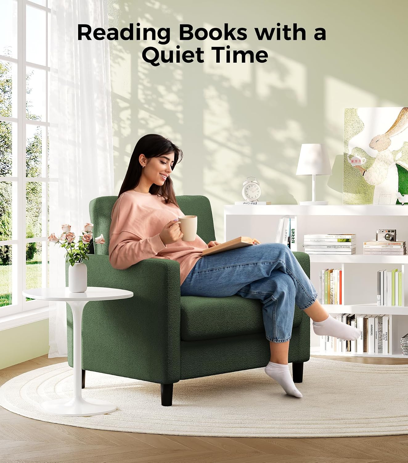 Welzona Sofa Reading Chair,33' Accent Chair for Bedroom, Tool-Free Setup Living Room Accent Chairs, Comfy Arm Chairs Living Room, All-Wood Reading Nook, Green