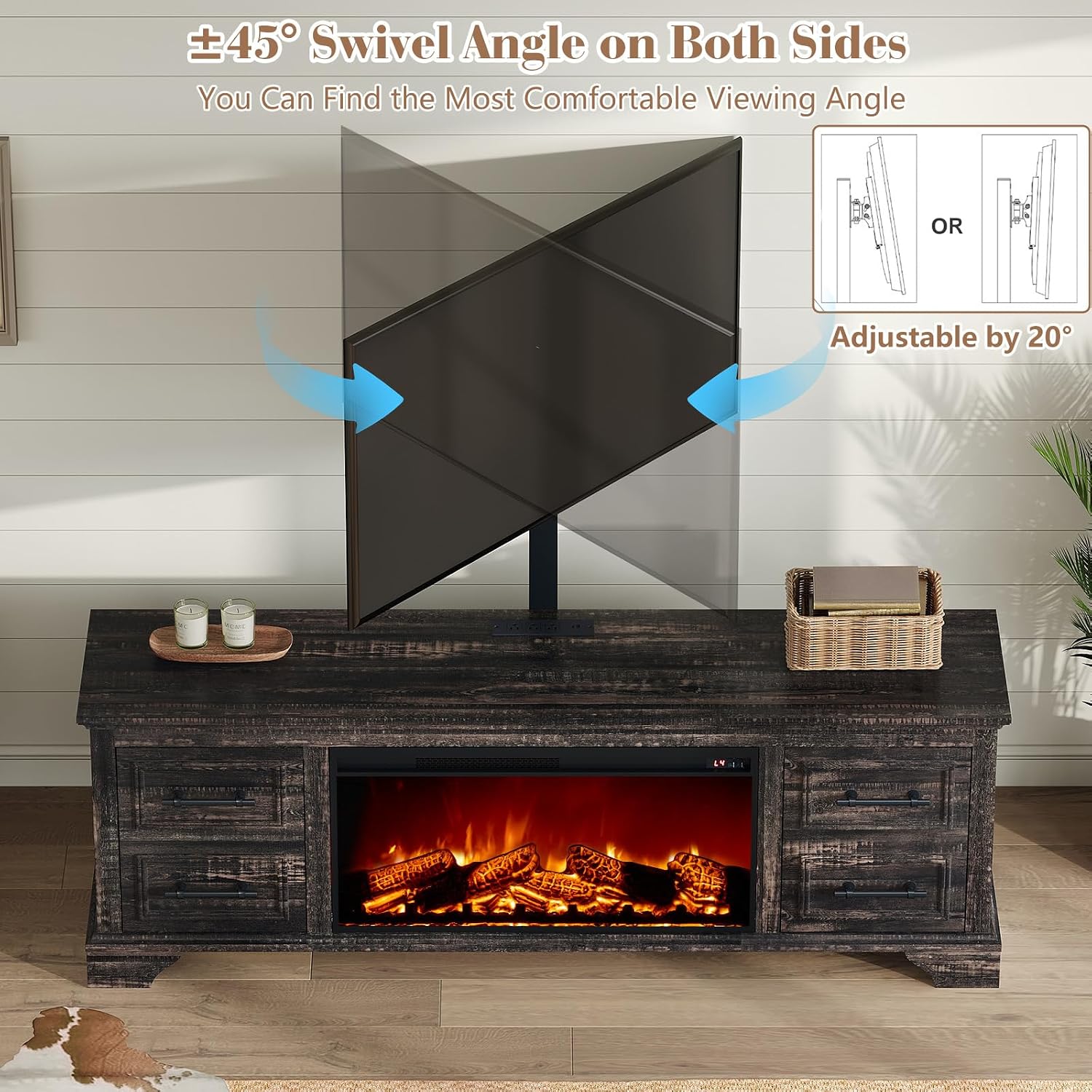 AMERLIFE 70' Fireplace TV Stand with Mount, Farmhouse Entertainment Center with 30' Electric Fireplace & Power Outlets for 32 to 70 inch TVs, Black Oak