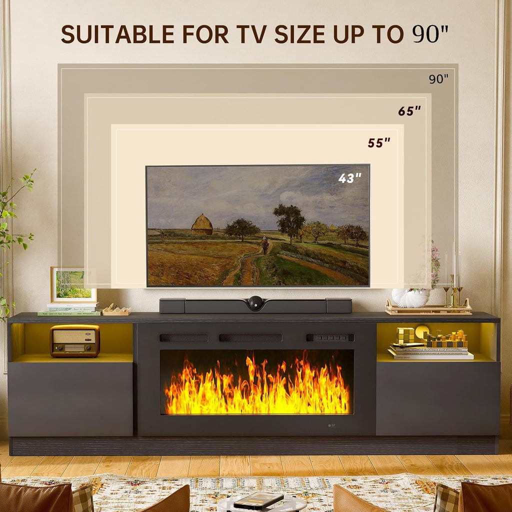 MXV 80' Fireplace TV Stand for TVs Up to 90', LED Light Entertainment Center with 36' Electric Fireplace, Modern Wood Texture TV Media Console with Highlight Storage Cabinet, Black+Black