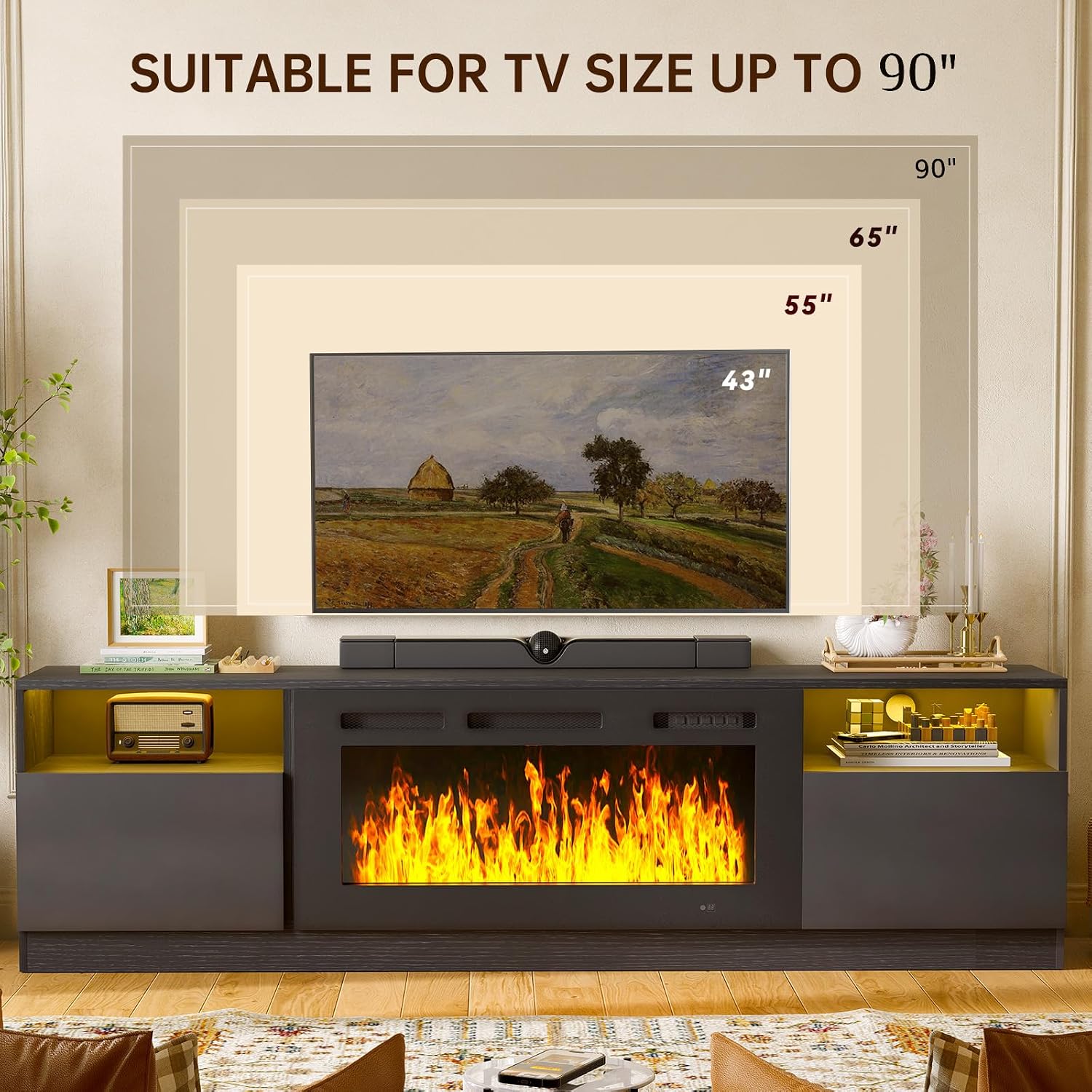 MXV 80' Fireplace TV Stand for TVs Up to 90', LED Light Entertainment Center with 36' Electric Fireplace, Modern Wood Texture TV Media Console with Highlight Storage Cabinet, Black+Black