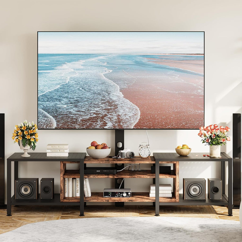 IRONCK 79 Inch TV Stand for TVs up to 85 Inch with Mount and Power Outlet, 3 Tiers TV Console with Storage Shelves, Entertainment Center, Steel Frame, for Living Room, Bedroom, Vintage Brown