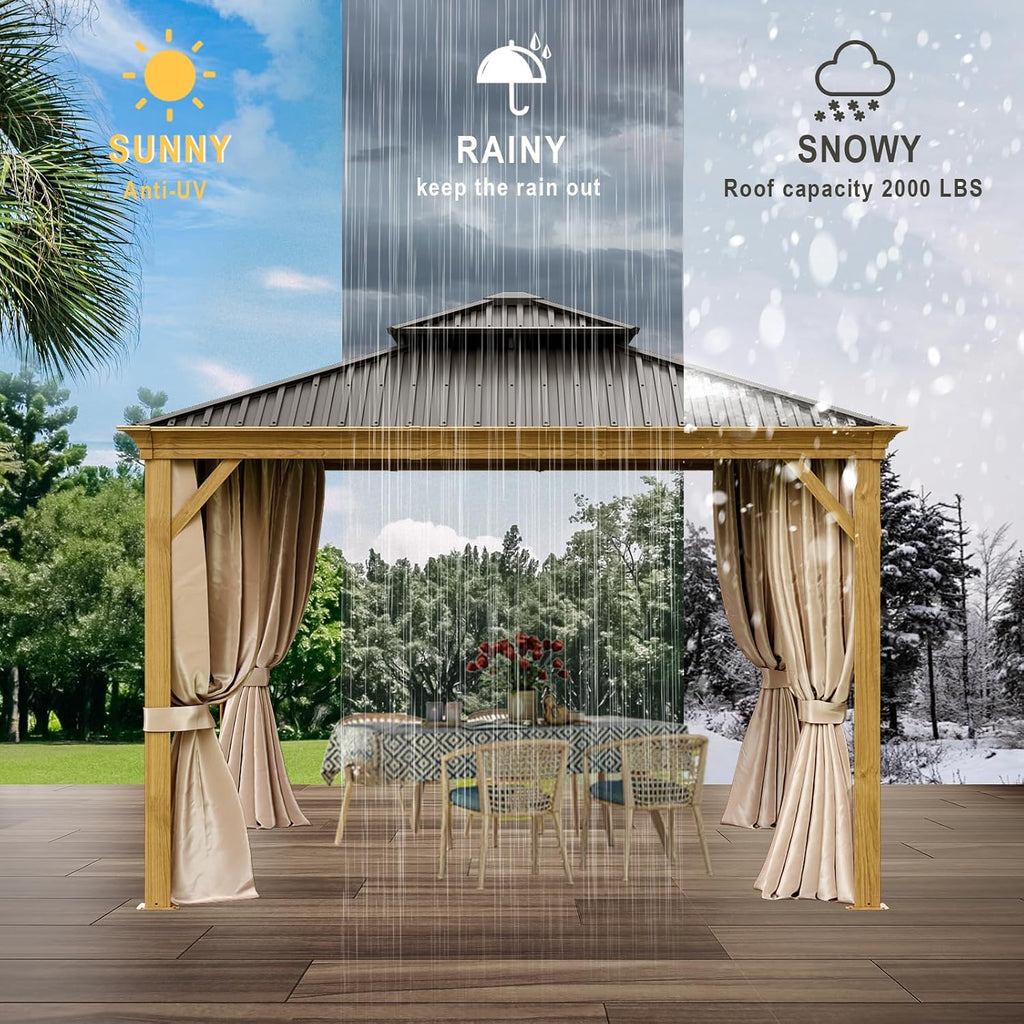 12x12ft Hardtop Gazebo, Wooden Finish Coated Aluminum Frame Canopy with Galvanized Steel Double Roof, Outdoor Permanent Metal Pavilion with Curtains & Netting for Garden, Brown (Wooden 12x12 Ft)