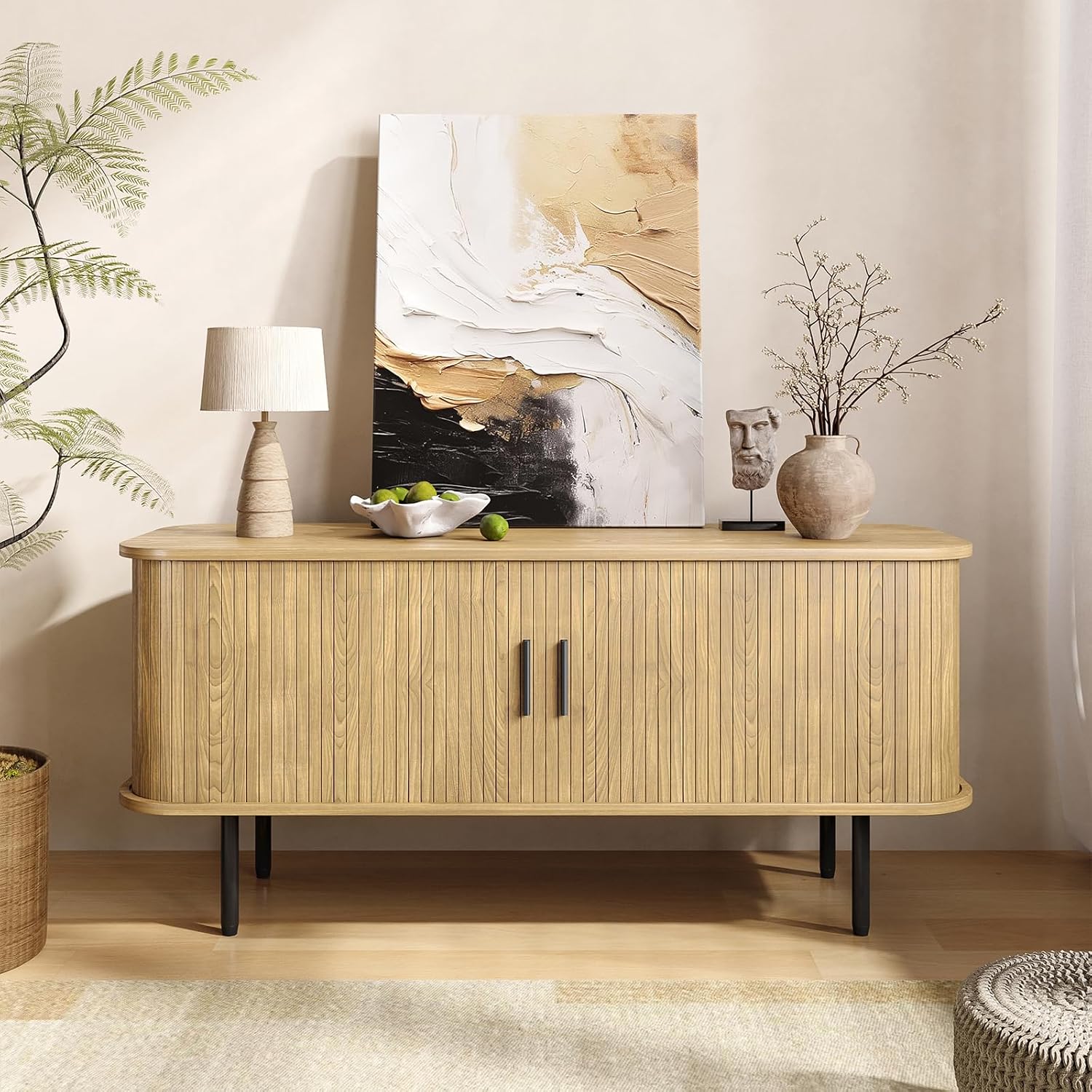 Befrases 47''W Modern TV Stand Cabinet with Storage for TVs up to 60 Inch, Fluted TV Entertainment Center with Slatted Tambour Doors, Media Console for Living Room, Entryway, Natural