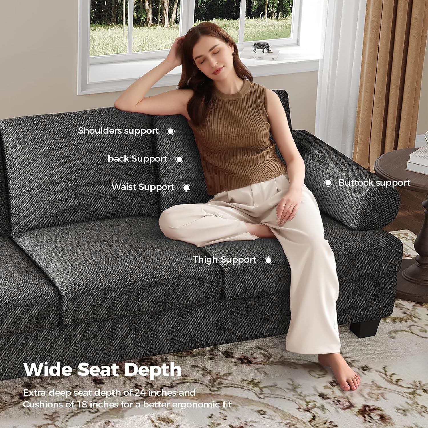 COPIAE 91 Inch Lawson Sofa with Extra Deep Seats Oversize, Mid-Century 3-Seat Sofa Couch, for Living Room, Apartment, Lounge, Dark Gray
