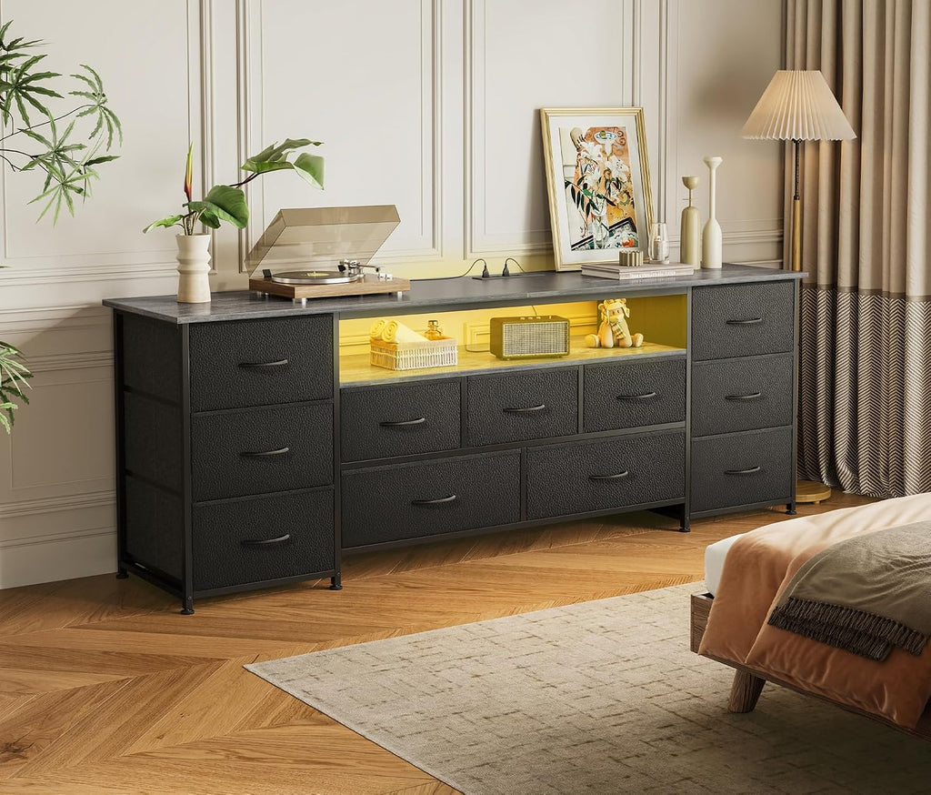 Huuger 63 Inch TV Stand for 65, 70 Inch TV, 11 Drawer Long Dresser with Power Outlets and LED Lights, Entertainment Center with Storage, Grey Dresser with PU Leather Surface