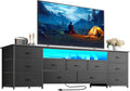 Huuger 70 Inch TV Stand for 75, 80 Inch TV, 11 Drawer Long Dresser with Power Outlets and LED Lights, Entertainment Center with Storage, Black Dresser with PU Leather Surface