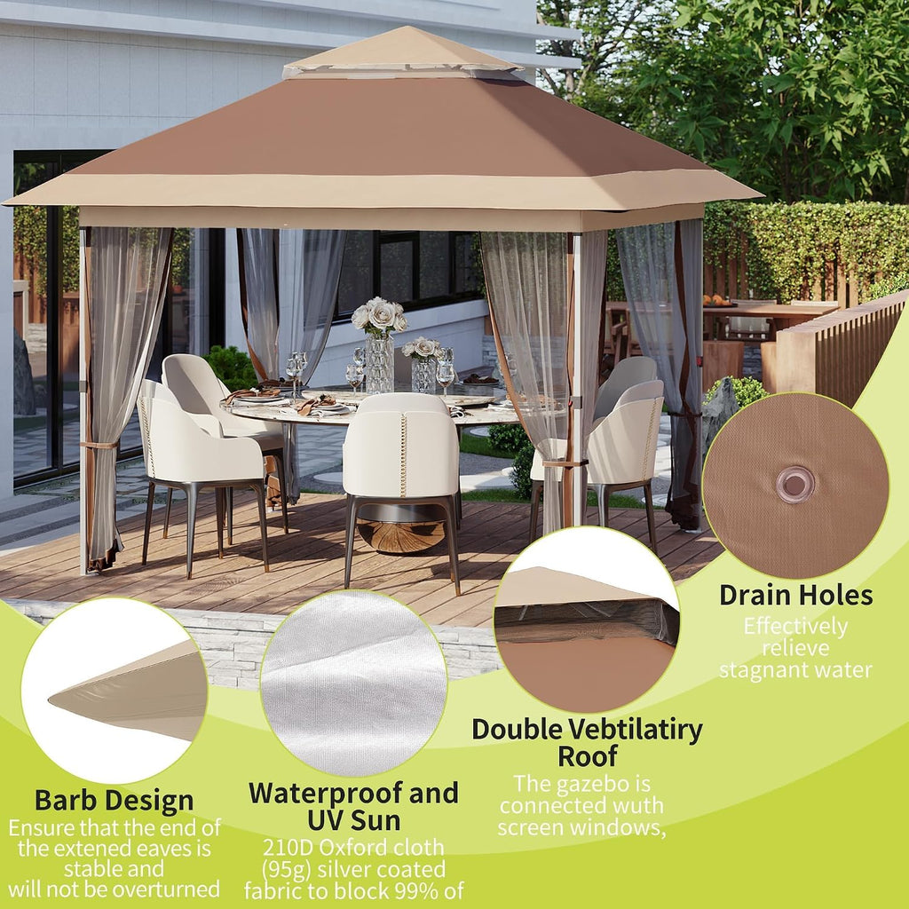 12x12 Pop Up Canopy - Outdoor Gazebo Tent with Mosquito Netting & Curtains, Adjustable Height, Includes Wheeled Carry Bag for Patio/Garden/Backyard (Deep Brown & Khaki)