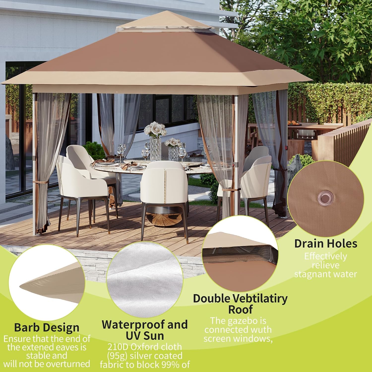 12x12 Pop Up Canopy - Outdoor Gazebo Tent with Mosquito Netting & Curtains, Adjustable Height, Includes Wheeled Carry Bag for Patio/Garden/Backyard (Deep Brown & Khaki)