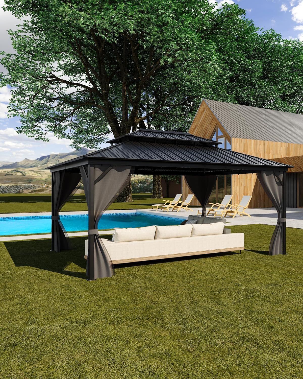 GAOMON Hardtop Gazebo 12'x16' for All Weather, with Double Metal Roof, Aluminum Alloy Frame, Net, and Curtain, Permanent Building of Backyard Luxury for Patio, Deck, Backyard, Lawn, and Garden, Gray