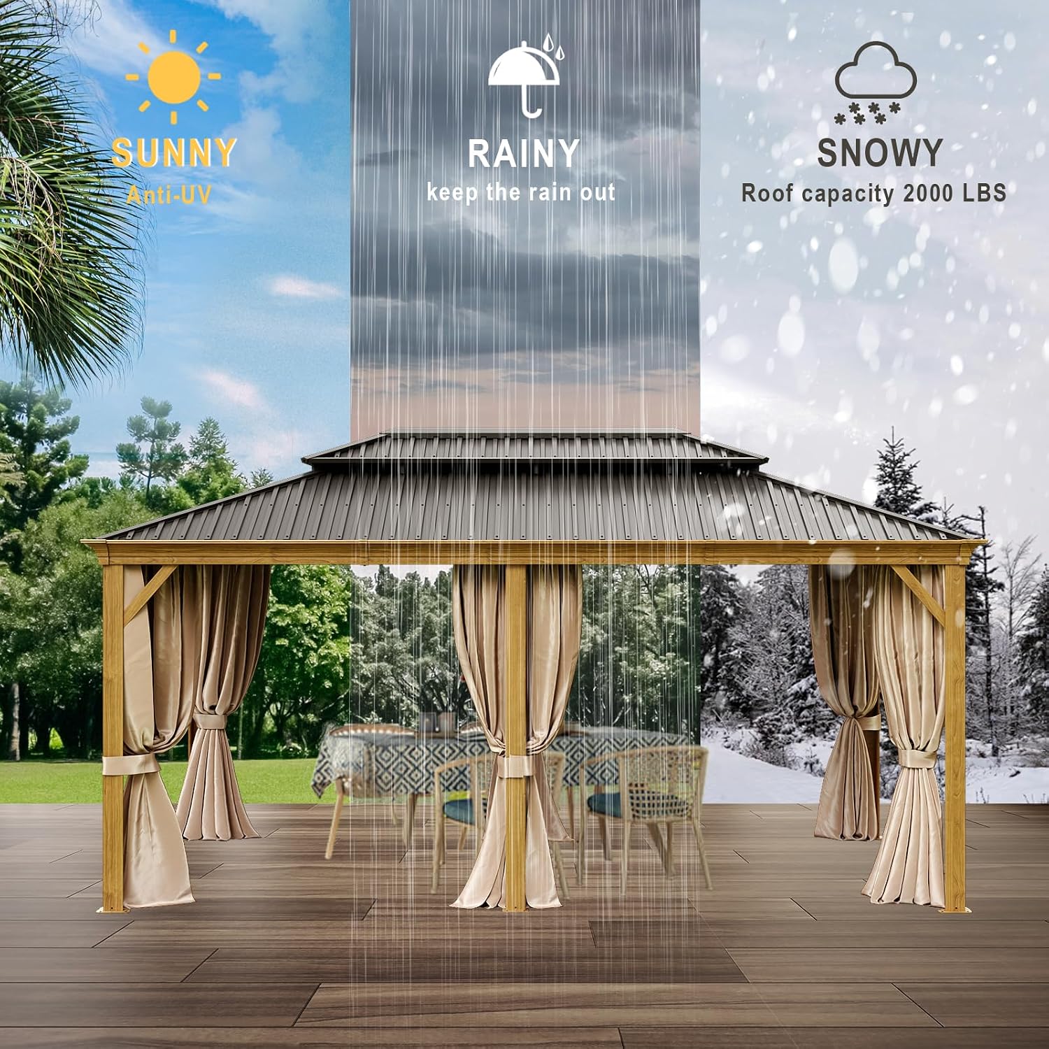 12x18ft Hardtop Gazebo, Wooden Finish Coated Aluminum Frame Canopy with Galvanized Steel Double Roof, Outdoor Permanent Metal Pavilion with Curtains & Netting for Garden, Brown (Wooden 12x18 Ft)