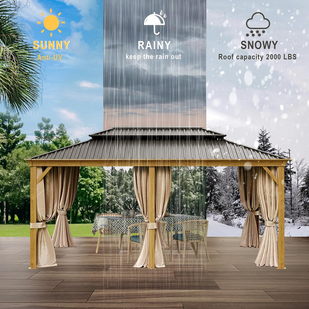 12x20ft Hardtop Gazebo, Wooden Finish Coated Aluminum Frame Canopy with Galvanized Steel Double Roof, Outdoor Permanent Metal Pavilion with Curtains & Netting for Garden, Brown (Wooden 12x20 Ft)