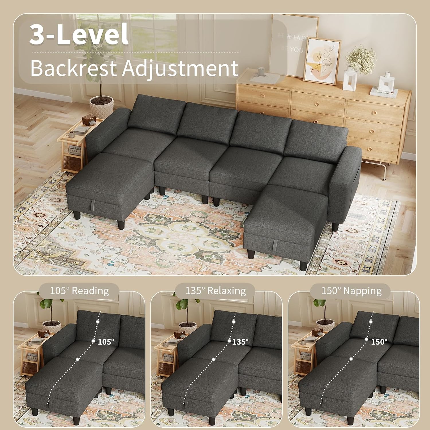 Modular Sectional Couches for Living Room, 110' U Shaped Sectional Sofa Couch with Adjustable Backrest, 6 Seat Linen Cloud Couch Sectionals with Storage Ottoman for Apartment (Dark Grey)