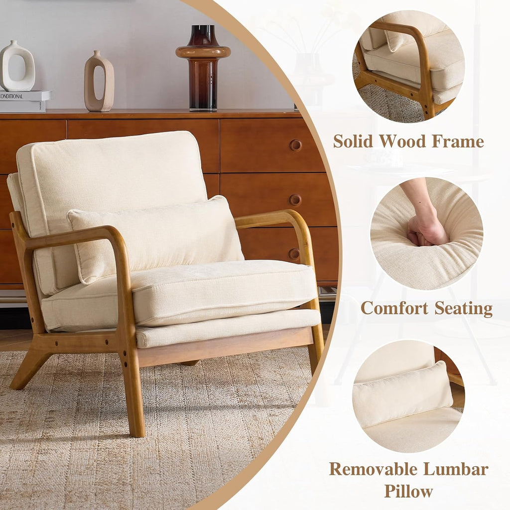 Karl home Mid Century Modern Accent Chair with Lumbar Pillow & Oak Arms – Plush Chenille Living Room Chair for Bedroom, Lounge (Creamy)