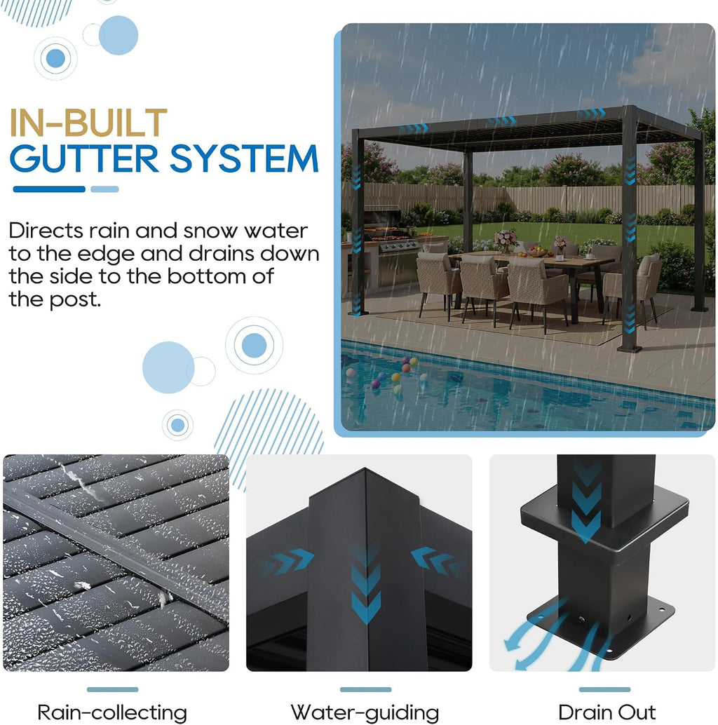 10' x 13' Aluminum Louvered Pergola with Gutter Drainage System, Outdoor Hardtop Gazebo with Adjustable Roof, All-Weather Metal Pergola for Patio, Garden, Deck(Black)