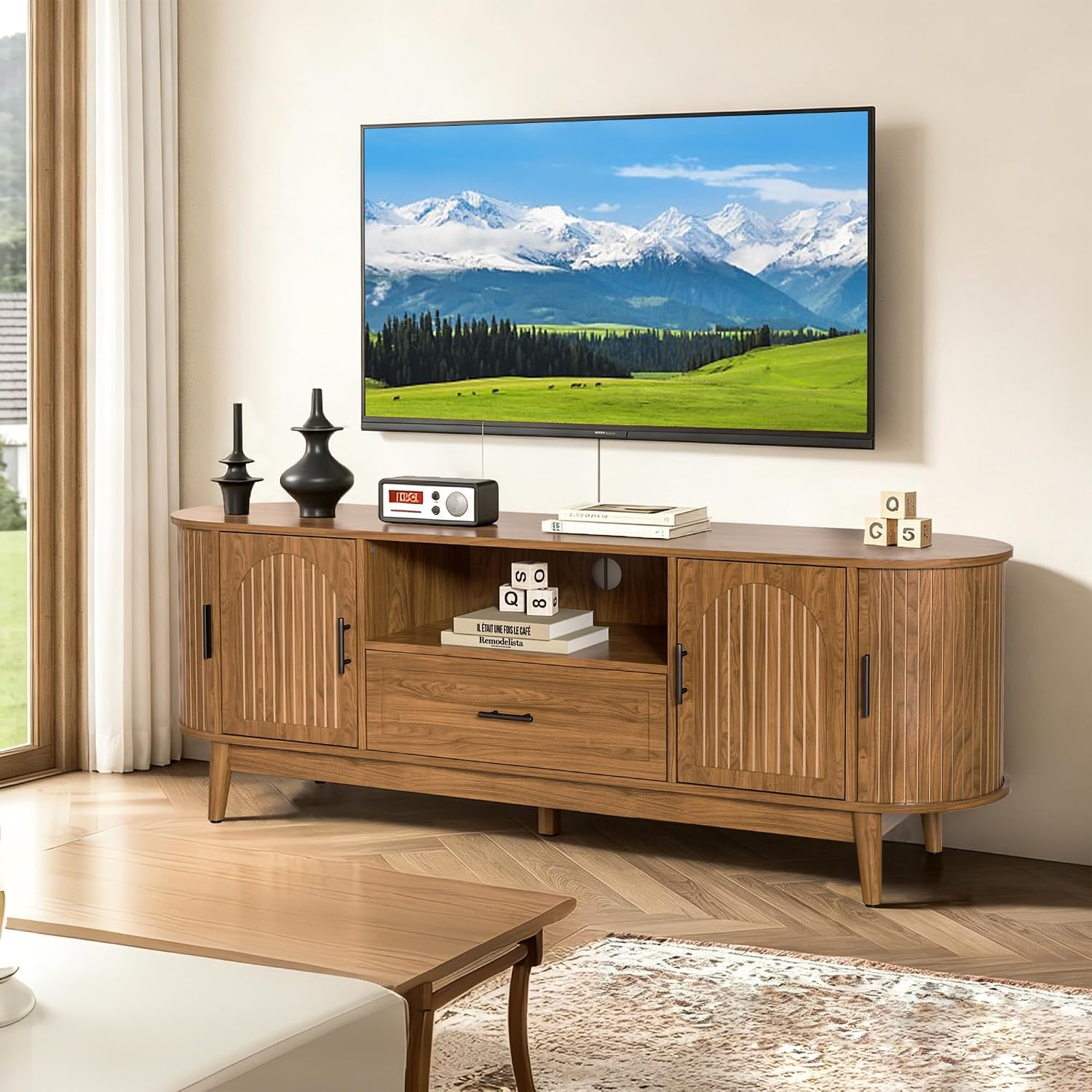 Mxtxmy 63' Fluted TV Stand for Tvs up to 70', Mid-Century Modern Entertainment Center with Drawers and Fluted Doors, Curved TV Media Console Table with Sliding Doors for Living Room, Bedroom (63')
