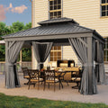 10' x 12' Gray Hardtop Gazebo, Rectangular Double Roof Metal Pavilion with Posts, Outdoor Gazebo with Curtains for Patio, Deck, and Backyard