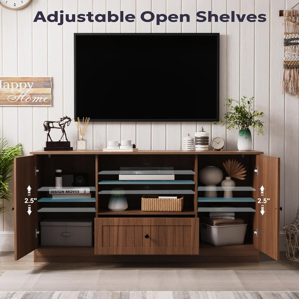 Furnify 63 in Farmhouse TV Stand for TVs up to 70 Inch, Modern Entertainment Center with Storage Drawer and Open Shelves, Shaker Door TV Console Media Cabinet for Living Room, Bedroom, Walnut