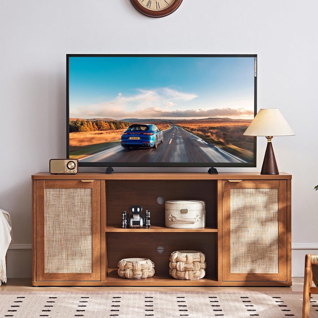 LEYAOYAO Rattan TV Stands for Living Room, Boho TV Cabinet with Storage and Open Shelf, Rustic Wood Entertainment Center, Media Console for 50-65 Inch TV, Tea Brown