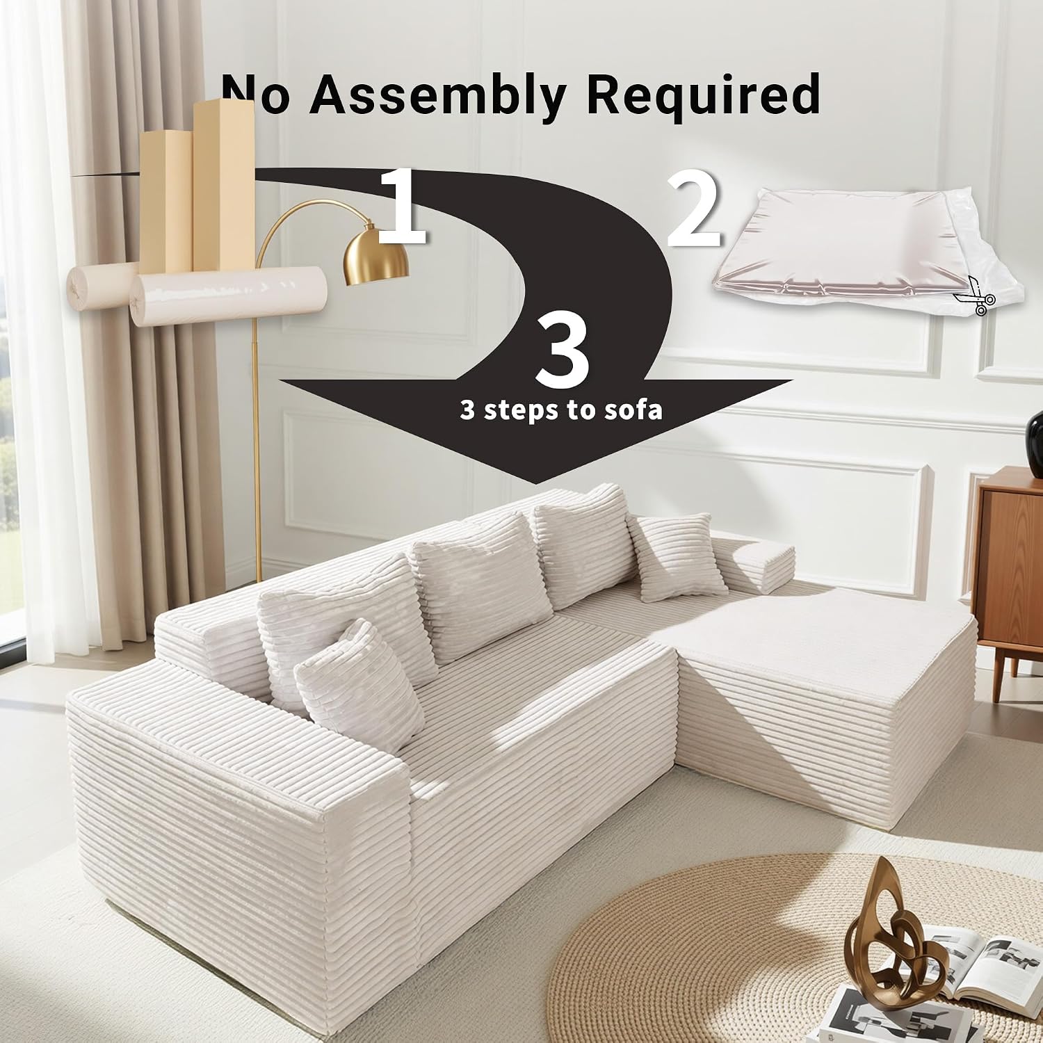 Claiks 104' Boneless Couch, Cloud Couch Sectional, L-Shape Corduroy Modular Sectional Sofa Deep Seat, Upholstered Couches for Living Room, No Assembly Required, Beige, Right Facing Chaise
