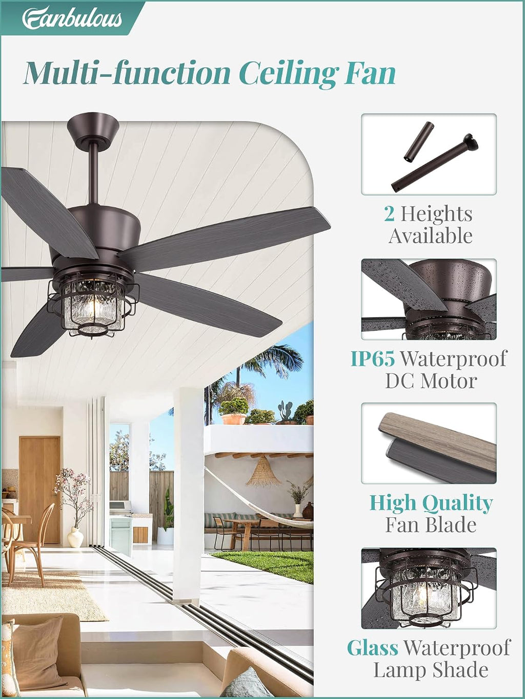 Fanbulous 52' Outdoor Ceiling Fans with Lights and Remote Control,IP65 Wet Rated Waterproof Ceiling Fan with 6-Speed DC Motor, Farmhouse Gazebo Fan for Porch Patios Pavilion（Oil-Bronze）